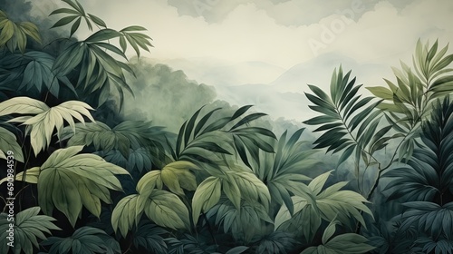 Vintage Background with Jungle Pattern Wallpaper. Tropical Forest, Palm Leaves, and Old Texture Drawing Mural
