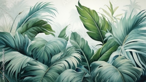 Vintage Background with Jungle Pattern Wallpaper. Tropical Forest, Palm Leaves, and Old Texture Drawing Mural
