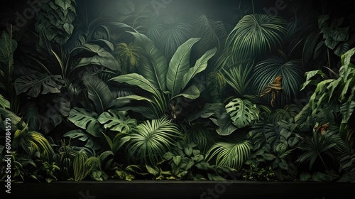 Vintage Background with Jungle Pattern Wallpaper. Tropical Forest, Palm Leaves, and Old Texture Drawing Mural
