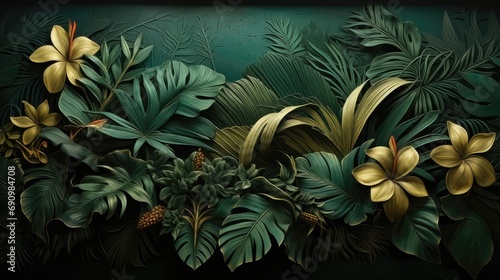 Vintage Jungle Pattern Wallpaper. Tropical Forest, Palm Leaves, and Old Texture Drawing 