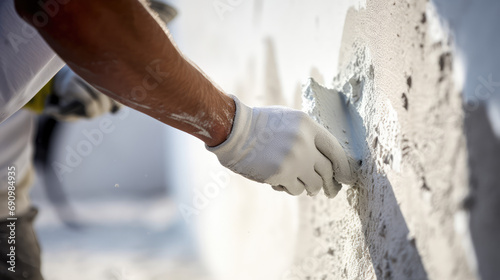 Closeup of a trowel applying plaster to a wall. A builder hand hold trowel applying white plaster to level and prepare walls during the renovation of an apartment. photo