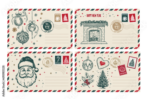 Christmas mail, postcard, hand drawn illustration.	
