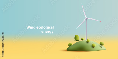 Wind mill, wind turbine, wind power station in hills with trees landscape. Renewable wind energy, green and alternative eco energy concept. 3d vector icon.