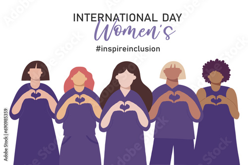 Inspire inclusion social campaign. International Women's Day. Smiling diverse race group of women and men hands gesture as heart shape to stop gender discrimination. 2024 theme - InspireInclusion