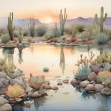 Watercolor Cactus Landscape, generative ai