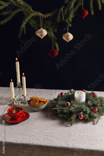 winter holidays and celebration concept - close up of christmas wreath, ginge...