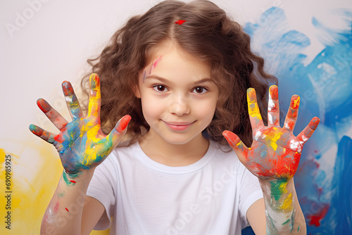 beautiful little girl with hands in the paint
