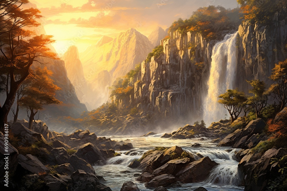 Waterfall cascading down a rocky cliff, with the sun setting behind it, casting a golden mist in the air.