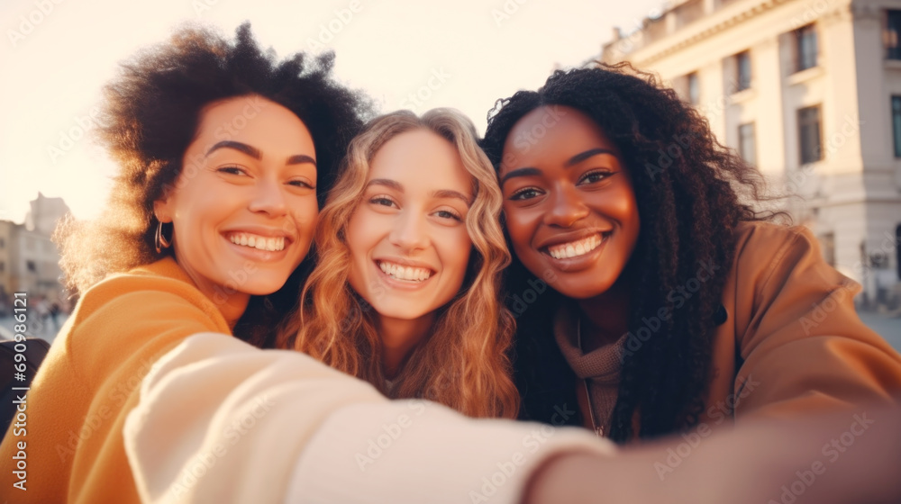 Three young multiracial women taking selfie with smart phone outside.  Smiling at camera together