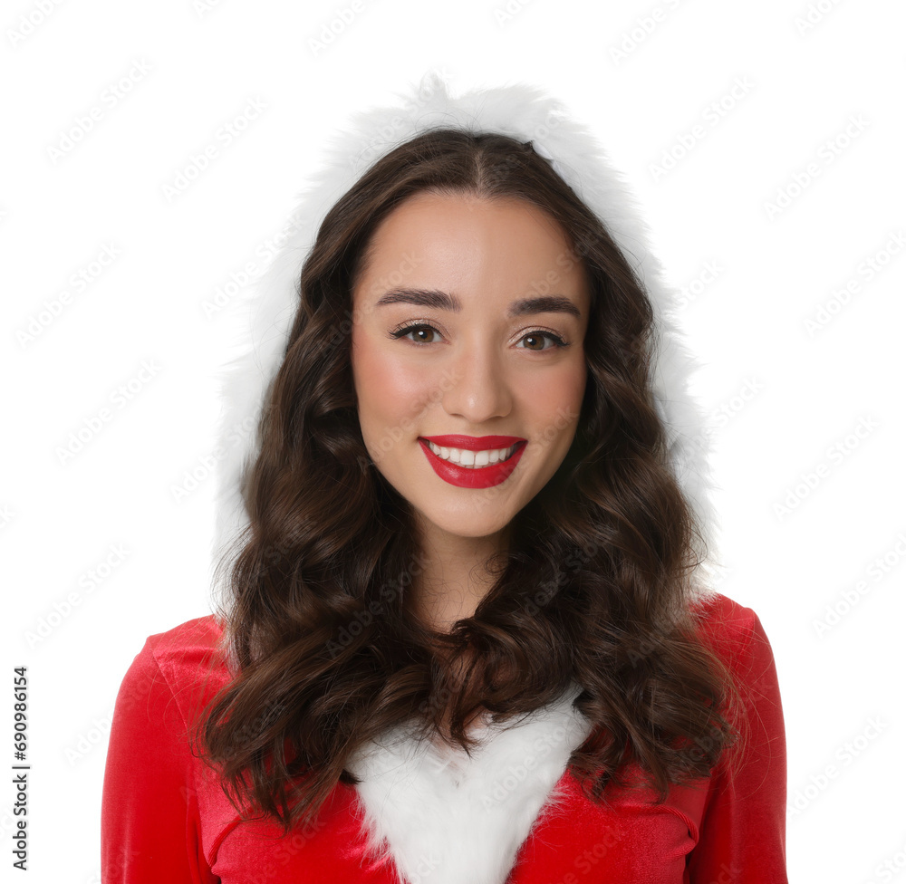Beautiful young woman in Christmas red dress isolated on white Beautiful young woman in Christmas red dress isolated on white