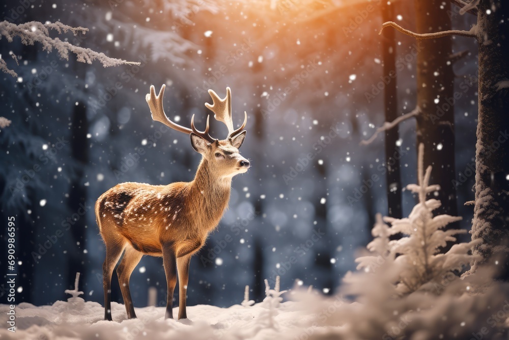 Christmas Wildlife Adventure - Deer in a Forest in a snowy setting - Xmas - AI Generated