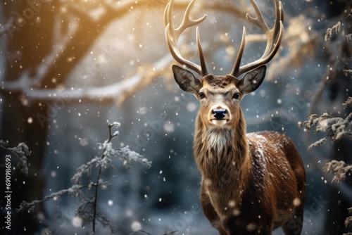 Christmas Wildlife Adventure - Deer in a Forest in a snowy setting - Xmas - AI Generated