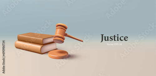 Wooden Judge Gavel 3d render vector illustration with law books. Justice hammer sign icon concept. Law and justice concept.