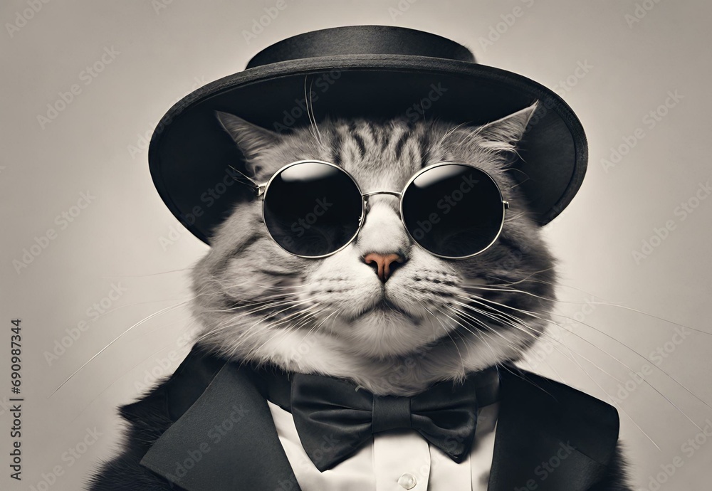 A Boss cat wearing a top hat and sunglasses
