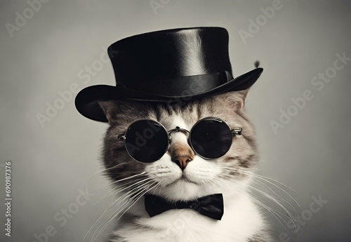 A Boss cat wearing a top hat and sunglasses