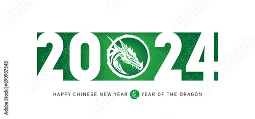 Happy New Year 2024, the year of the Green Wooden Dragon. Illustration with a stylized dragon head and oriental pattern. poster for Chinese new year with hieroglyph (Translation: year of Dragon). photo
