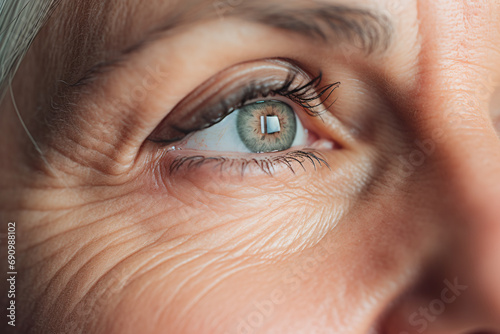 Close up of blue eye of senior woman photo