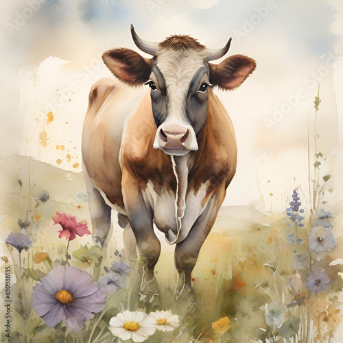 Watercolor cow, generative ai