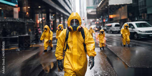 People using bio hazard suits  on city streets due to pollution and bad air quality photo