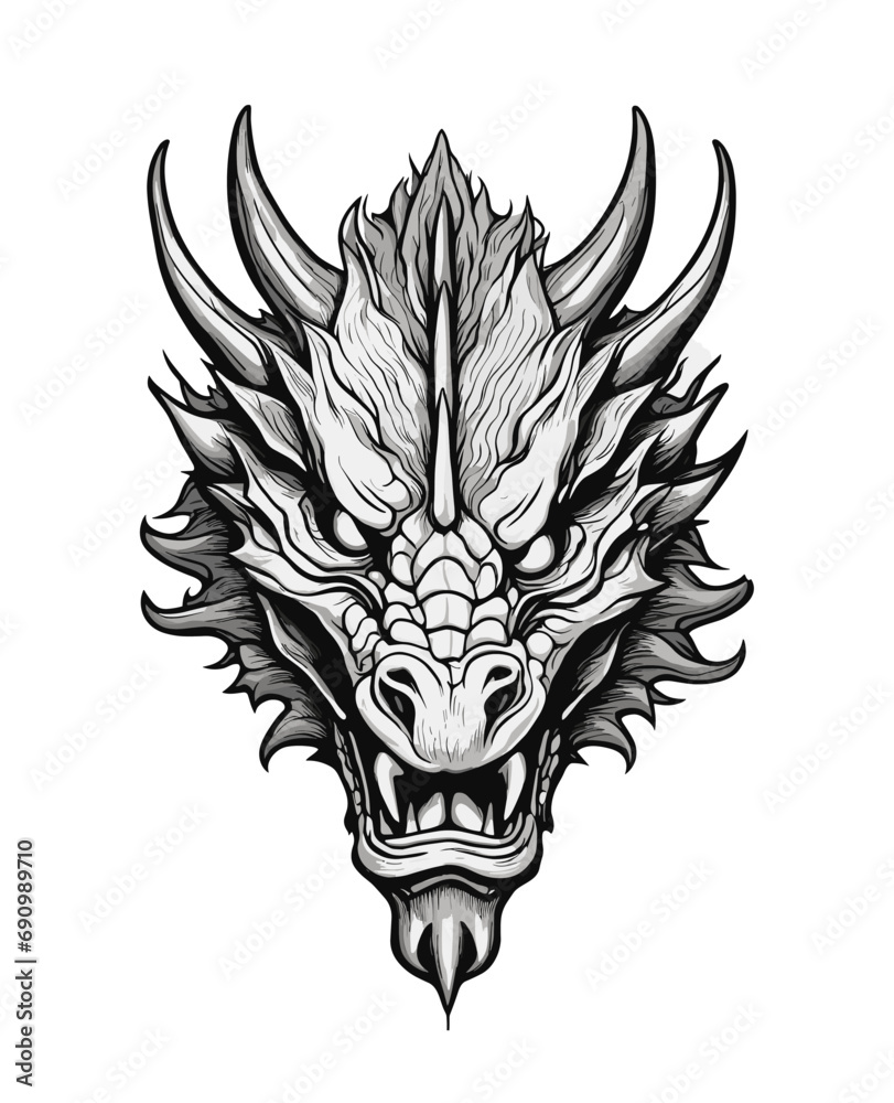 Black drawing of oriental dragon head, symbol of the year 2024