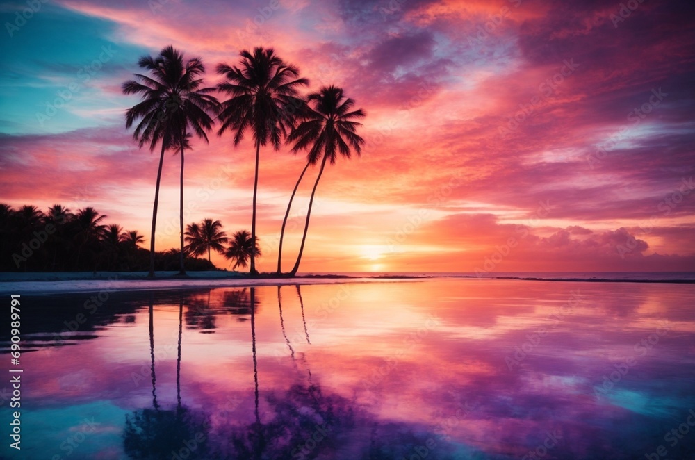 Against a vibrant sunset, silhouettes of towering palm trees emerge, their branches reaching towards the heavens.