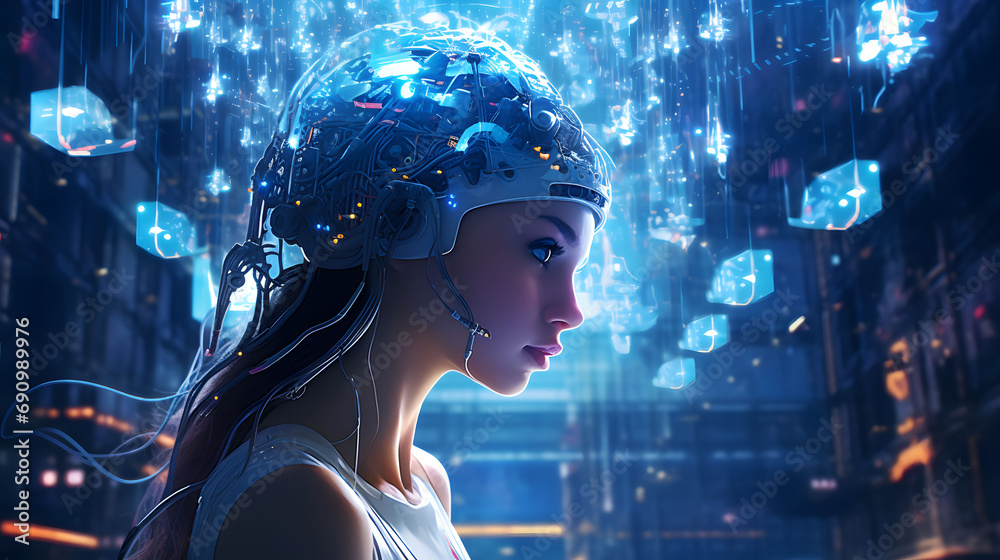 Naklejka premium artificial intelligence with a futuristic and abstract composition, Girl wit AI technology. generative AI