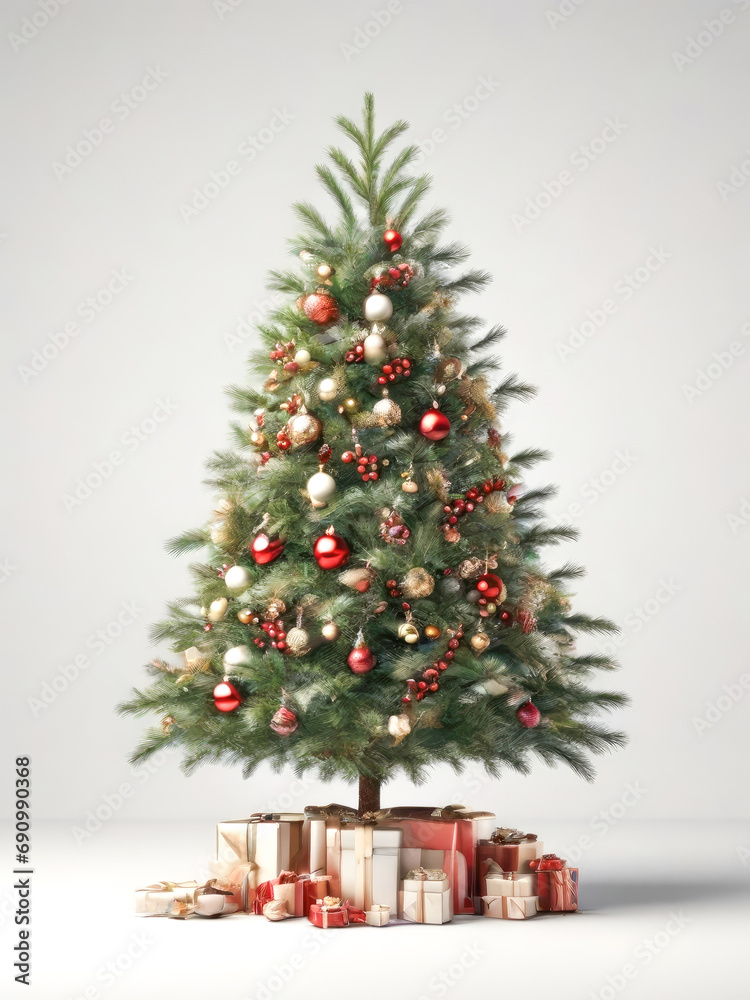 Decorated Christmas tree and gifts. Traditional festive decoration.