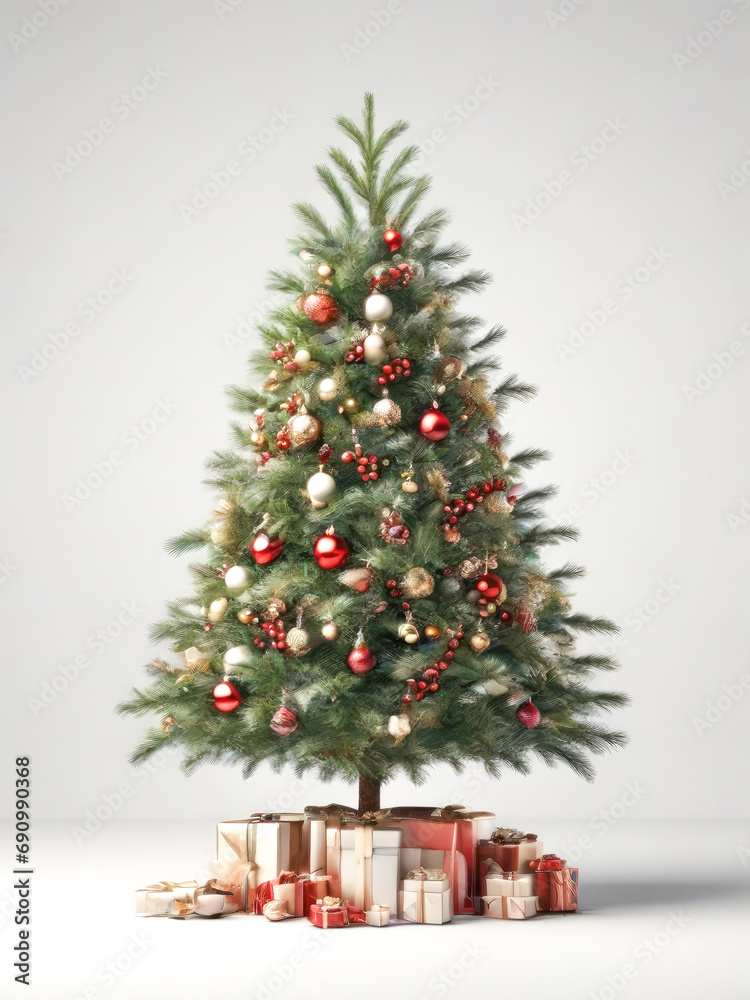 Decorated Christmas tree and gifts. Traditional festive decoration. Decorated Christmas tree and gifts. Traditional festive decoration.