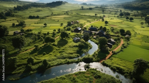 An aerial view of a farm integrated into a natural landscape, emphasizing the importance of biodiversity.