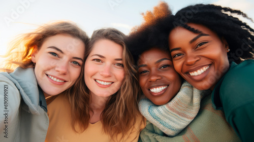 group of four multiracial young women taking selfie with smart phone outside. Smiling at camera together