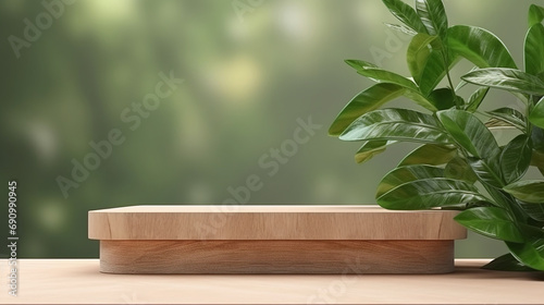 Minimalist wooden stand on bright background with vibrant green plant, perfect for product display. AI Generative