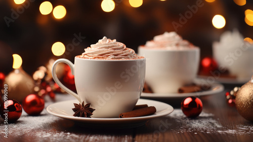 Hot chocolate cup of coffee in Christmas season.