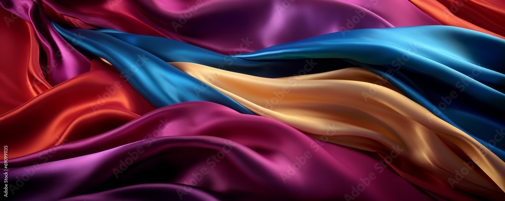 Satin fabric in rich multi colored hues ripples with shimmer. Smooth, lustrous texture and depth of the folds, perfect for conveying a sense of luxury and elegance. Ultra-wide banner