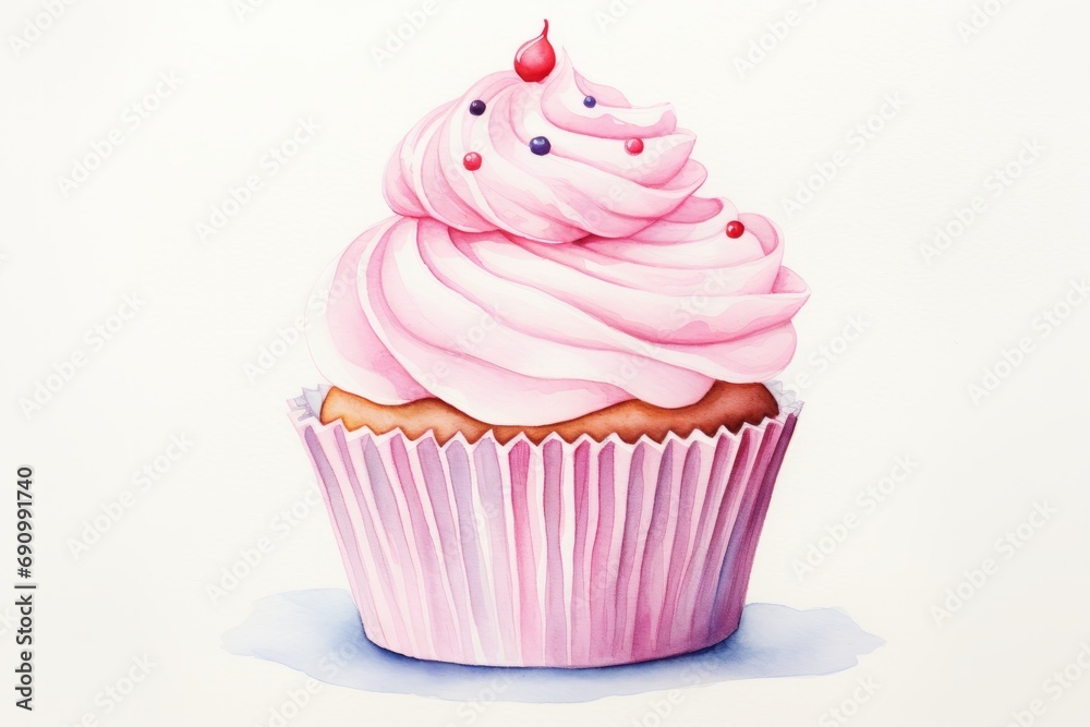 Watercolor illustration of a cupcake isolated on white background. AI generative