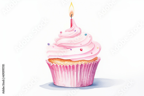 Watercolor illustration of a festive cupcake with a candle isolated on white background. AI generative