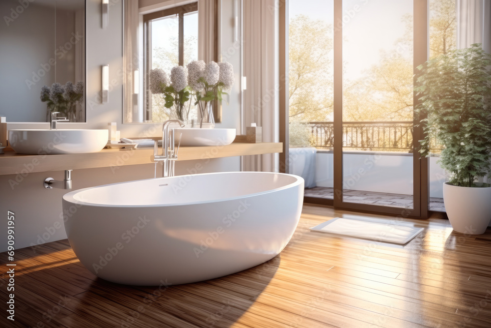 Exclusive bathroom, Oval bathtub with wooden floor, White sink with ceiling faucet. Exclusive bathroom, Oval bathtub with wooden floor, White sink with ceiling faucet.