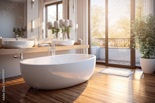 Exclusive bathroom, Oval bathtub with wooden floor, White sink with ceiling faucet.