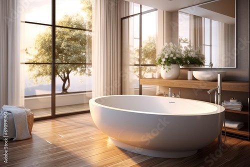 Exclusive bathroom  Oval bathtub with wooden floor  White sink with ceiling faucet.