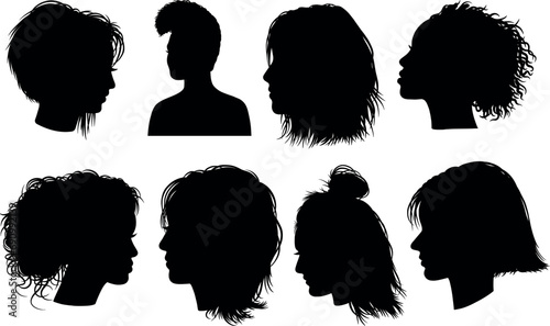 Vector Woman's head with hairstyle silhouette set . black Illustration hairstyles for girls in various themes. Hand drawn collection V8