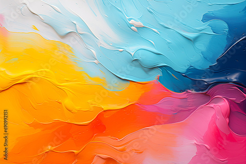 Multicolour oil paint texture background. Abstract colourful vibrant oil painting wallpaper in yellow, blue, red, pink, orange and white colours. 