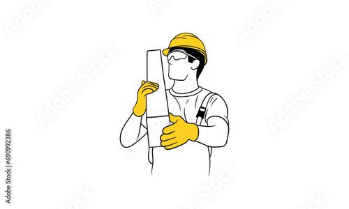 Handsome male worker wearing a safety helmet and work overalls while carrying a wooden board on his shoulder Flat vector illustration
