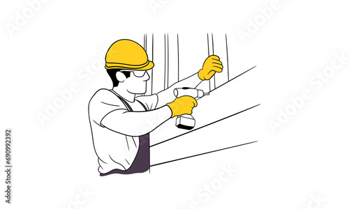 Male builder using electric drill at construction site Flat vector illustration
