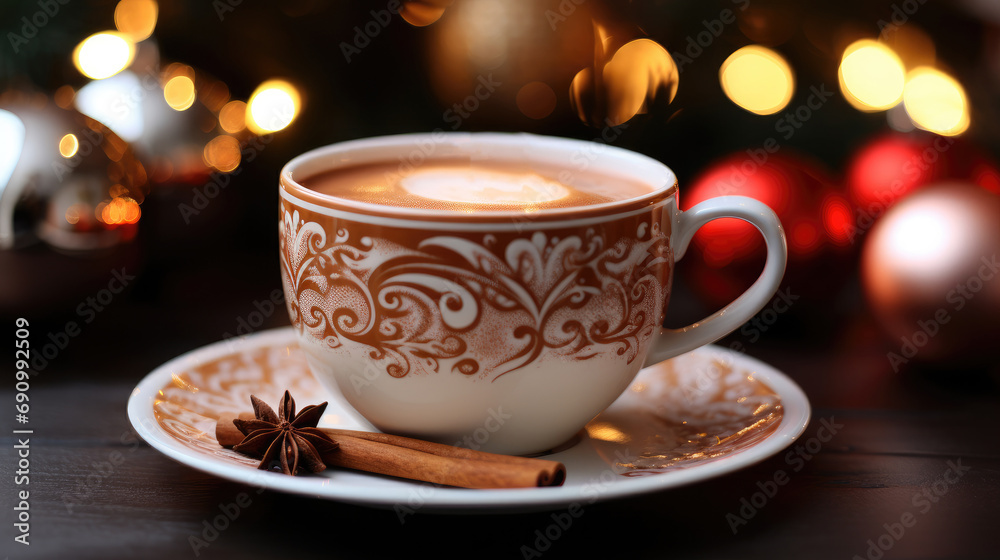 A cup with hot chocolate in front of ornaments.