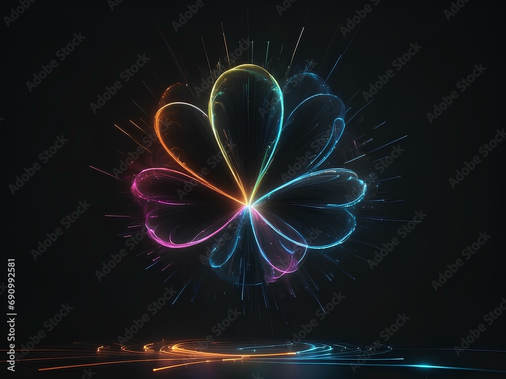 transparent glowing flower, glowing lines, black background, for design, isolated