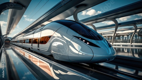 High-Speed Train Approaching Futuristic Station.