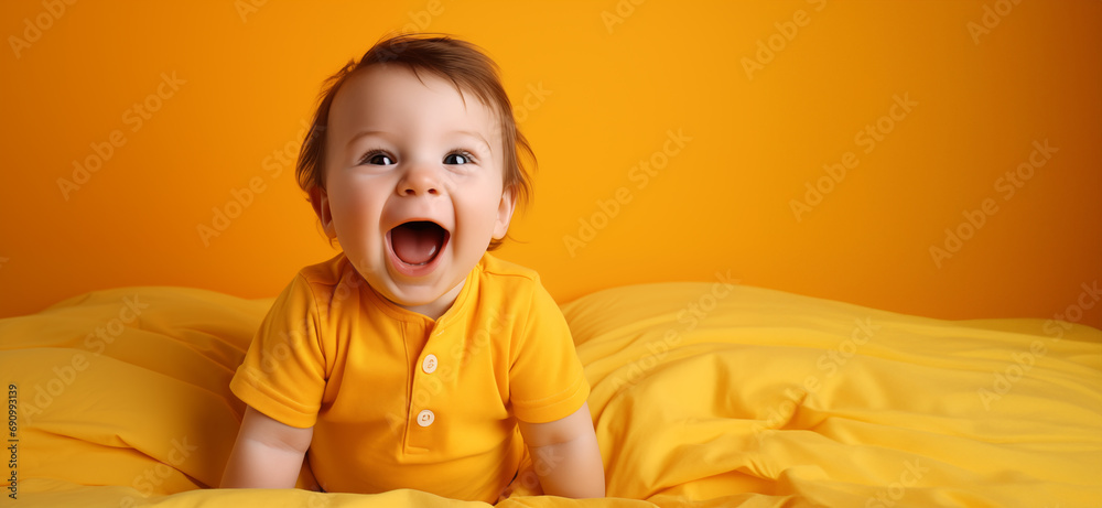 Un adorable petit garçon souriant sur son lit, arrière plan coloré Un adorable petit garçon souriant sur son lit, arrière plan coloré
