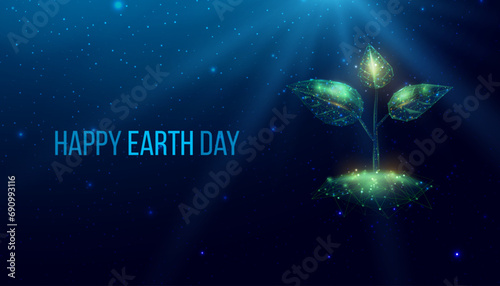 Happy Earth Day concept. Plant sprout. Abstract modern vector illustration on dark blue background.
