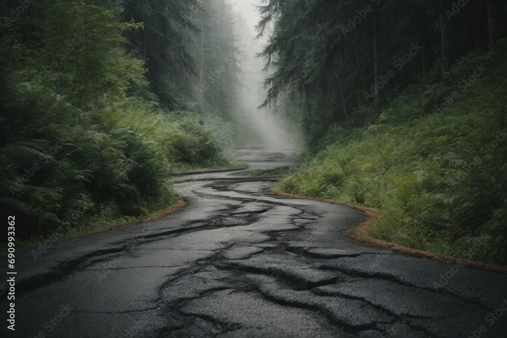 An old asphalt road with cracks and turns in a green misty forest. Beautiful nature background.