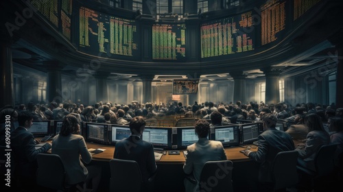 A bustling stock exchange room with traders, stock prices dropping and concerned stakeholders in a meeting room.