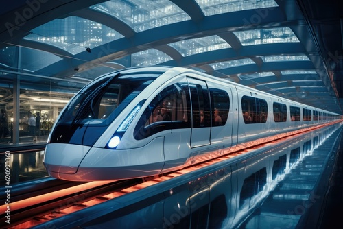 In a modern transportation center, High-speed trains and subways are running fast, Showing the intelligent transportation system of the times.